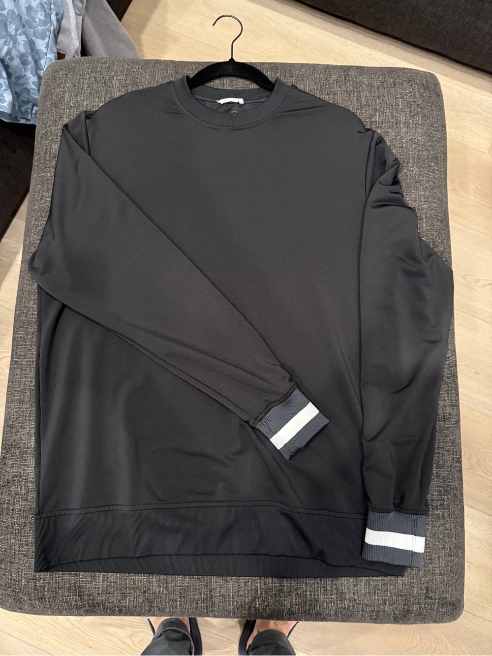 Men's Black Crewneck Sweatshirt with Contrast Stripe Cuffs